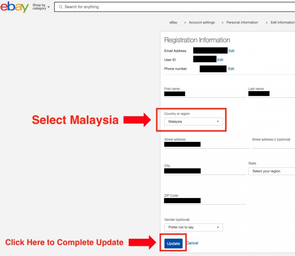 eBay Shopping Guide 7- update country or region on ebay