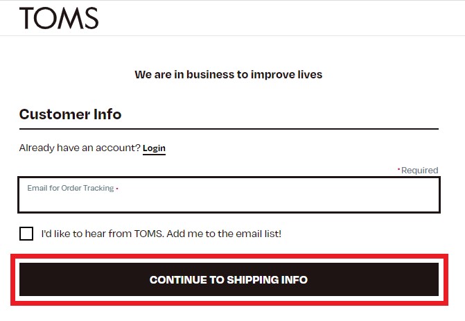 TOMS US Shopping Tutorial 5: enter email address
