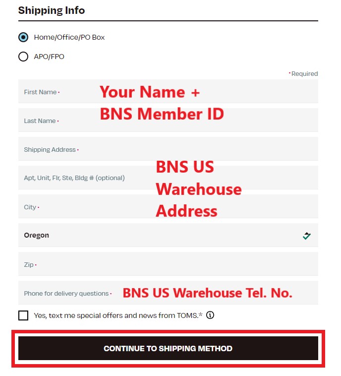 TOMS US Shopping Tutorial 6: enter BNS US warehouse address as shipping